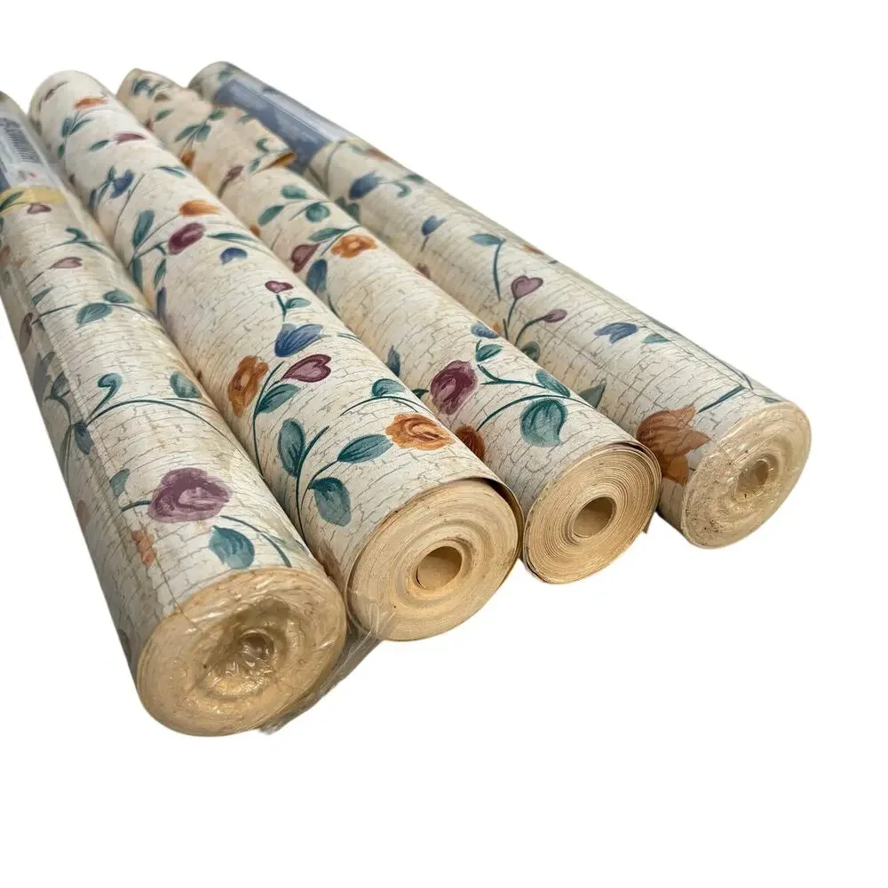 Lot of 4 Double Rolls Sunworthy Wallpaper Floral Flowers Wallcovering Pink cream